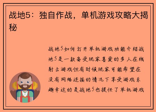 战地5：独自作战，单机游戏攻略大揭秘